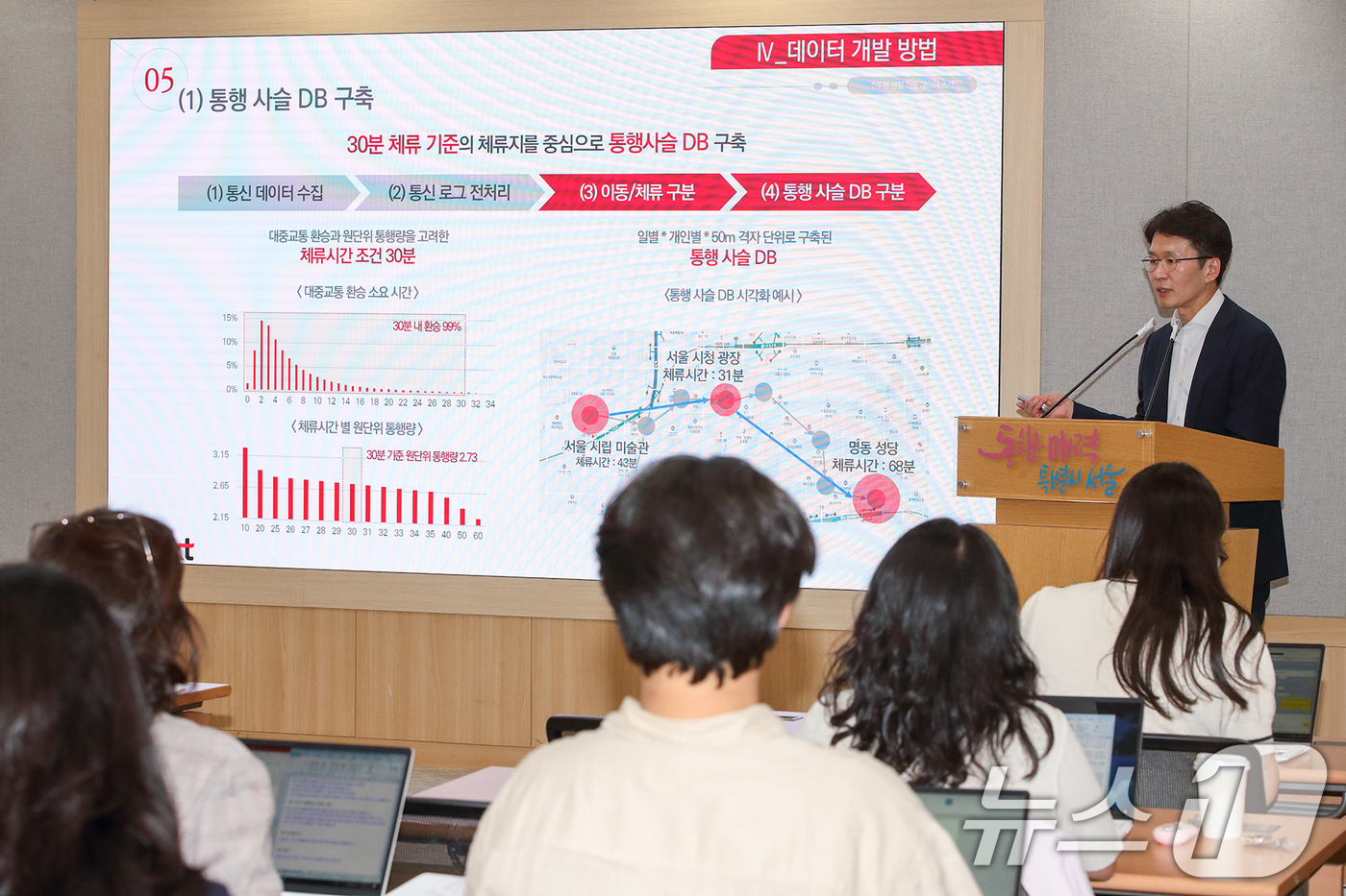 (서울=뉴스1) = KT AI사업본부장 최준기 상무가 28일 서울시 신청사에서 열린 '수도권 생활이동 데이터 개방' 기자단 설명회에서 수도권 생활이동 개발 방법에 대해 설명하고 있 …