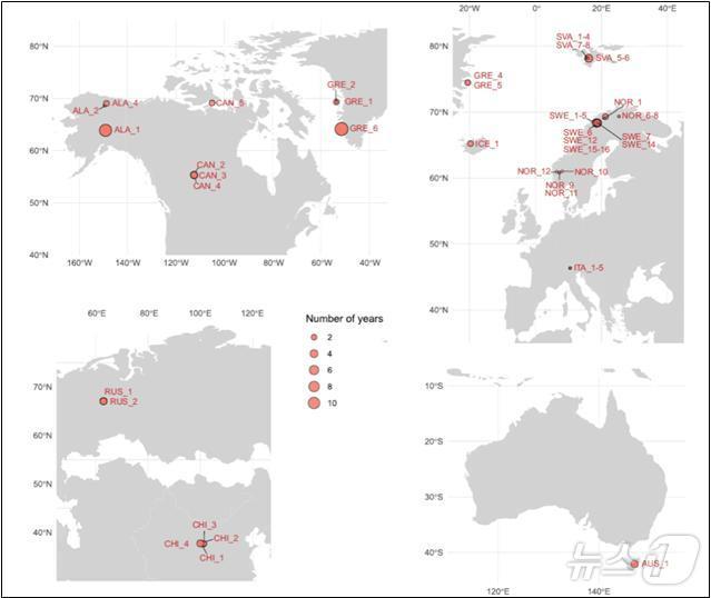 본문 이미지 - 프로젝트에 참여한 ITEX 연구 지역 지도 (총 28곳)(극지연구소 제공)