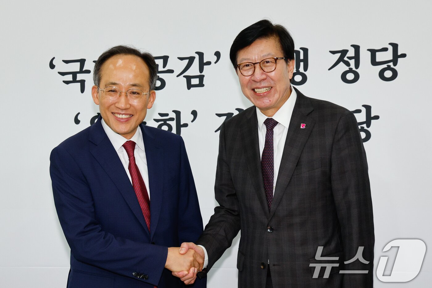 본문 이미지 - 추경호 국민의힘 원내대표(왼쪽)이 29일 오전 서울 여의도 국회에서 박형준 부산시장을 만나 악수하고 있다. 2024.5.29/뉴스1 ⓒ News1 안은나 기자
