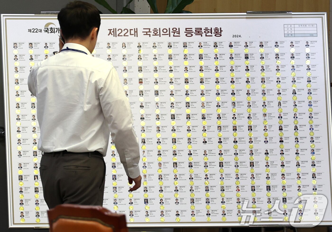 본문 이미지 - 제22대 국회 개원을 하루 앞둔 29일 서울 여의도 국회의원회관에 설치된 개원종합지원실에 당선인 등록현황이 표시돼 있다. 2024.5.29/뉴스1 ⓒ News1 구윤성 기자