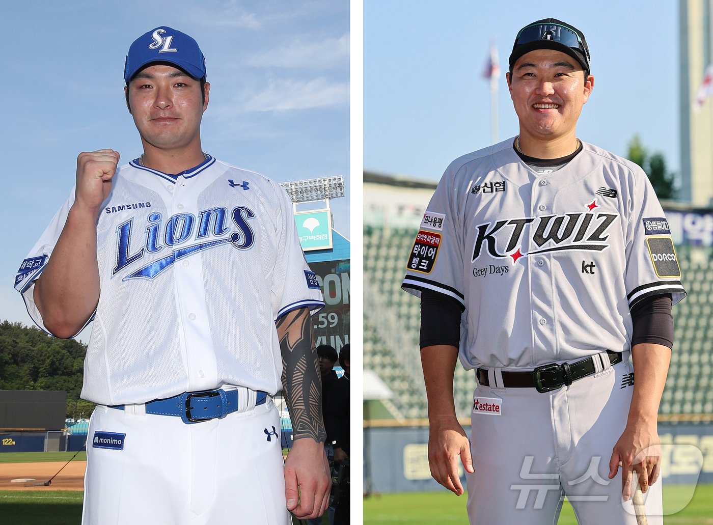 본문 이미지 - 삼성과 KT 간 일대일 트레이드로 소속팀을 옮긴 박병호(왼쪽)와 오재일이 29일 오후 대구 삼성라이온즈파크와 잠실야구장에서 열리는 경기에 앞서 취재진을 향해 포즈를 취하고 있다. 2024.5.29/뉴스1 ⓒ News1 김도우 기자,공정식 기자