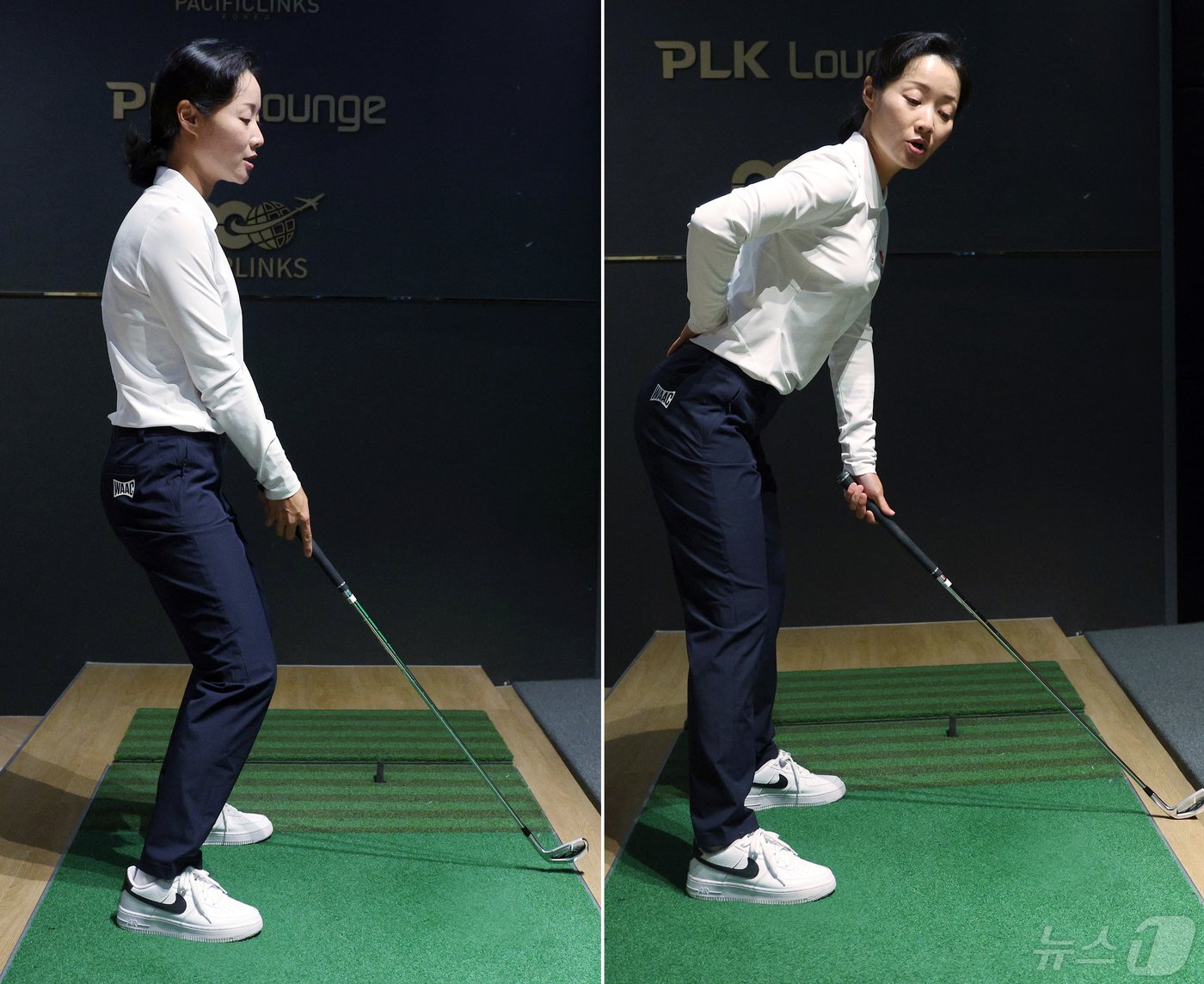 본문 이미지 - 여자 골프대표팀 민나온 코치가 29일 서울 강남의 한 스크린골프장에서 뉴스1과 가진 인터뷰에서 잘못된 어드레스 자세(왼쪽 사진)와 상체를 숙이는 올바른 어드레스 자세에 대해 설명하며 시범을 보이고 있다. 2024.4.29/뉴스1 ⓒ News1 박정호 기자