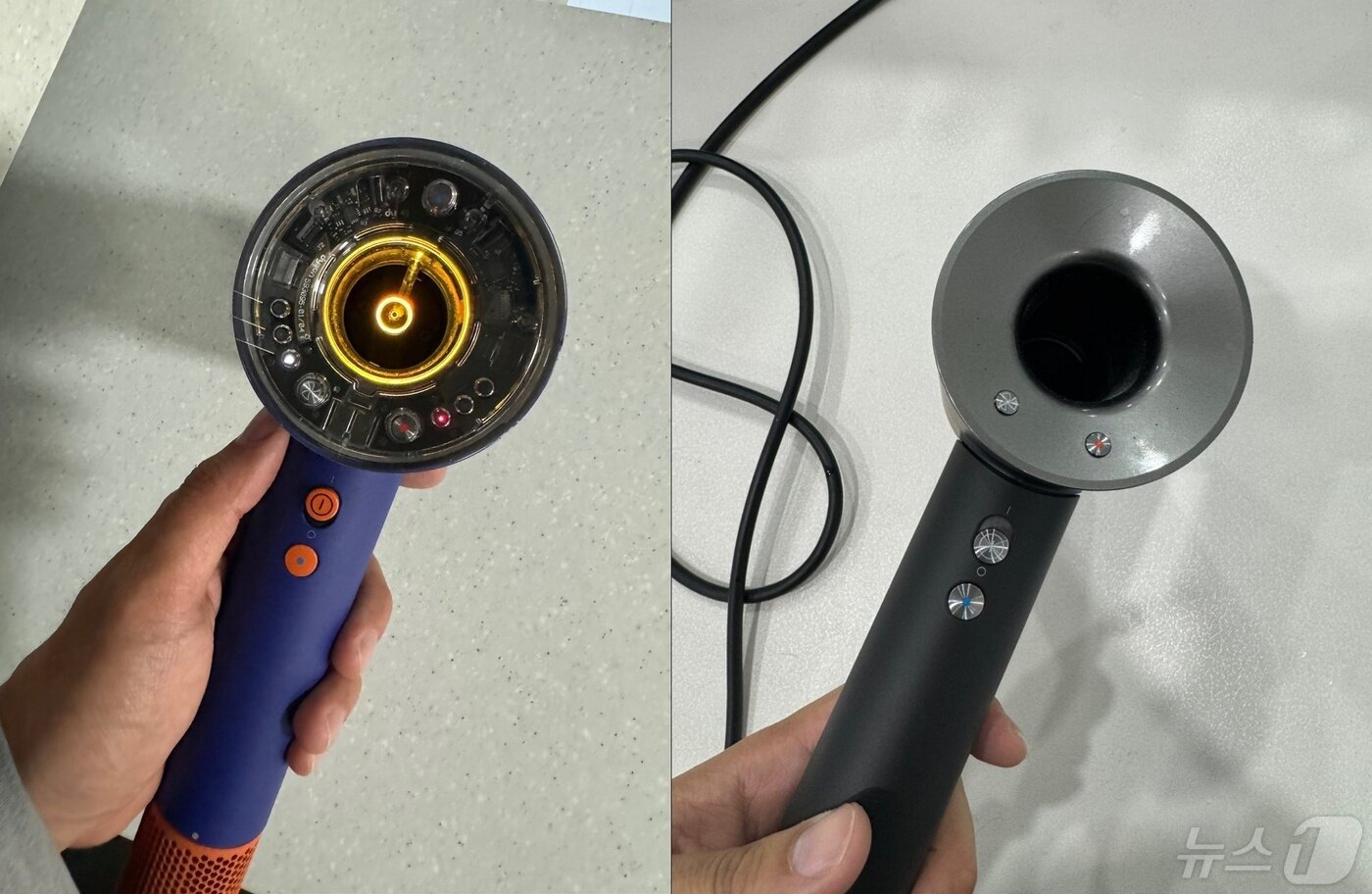 본문 이미지 -  다이슨 헤어드라이어 '슈퍼소닉 뉴럴' 모델(왼쪽)과 일반 '슈퍼소닉' 모델(오른쪽) 2024.4.29. / 뉴스1 ⓒ News1 강태우 기자