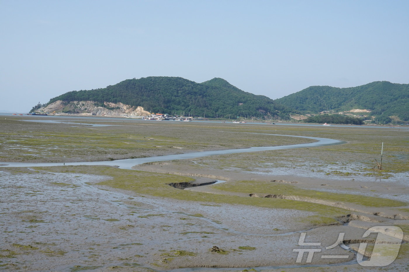 본문 이미지 - 대홍포방조제 앞 갯벌.  멀리 쉬미항이 보인다. 2024.5.31./뉴스1 ⓒ News1 조영석 기자