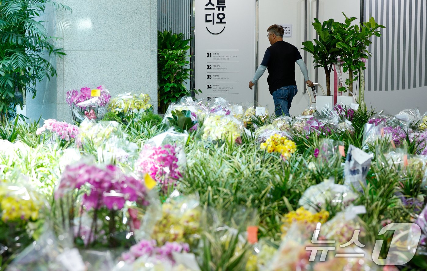 제22대 국회 개원 이튿날인 31일 서울 여의도 국회의원회관에 의원실 앞으로 온 등원 축하 난이 가득 놓여 있다. 2024.5.31/뉴스1 ⓒ News1 안은나 기자