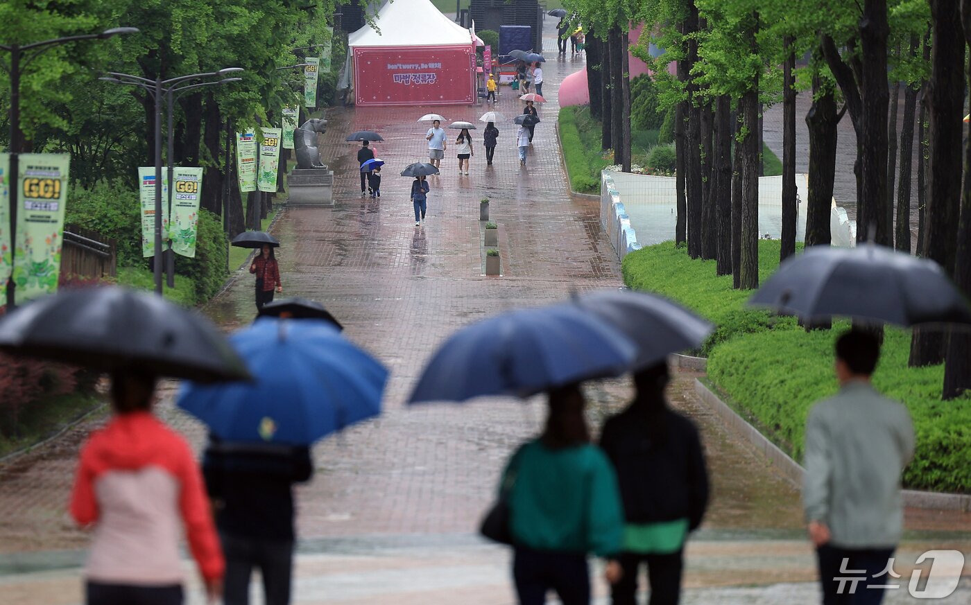 본문 이미지 - 전국적으로 비가 내리고 있는 5일 서울 광진구 능동 어린이대공원을 찾은 시민들이 우산을 받쳐 든 채 공원을 걷고 있다. 2024.5.5/뉴스1 ⓒ News1 박정호 기자