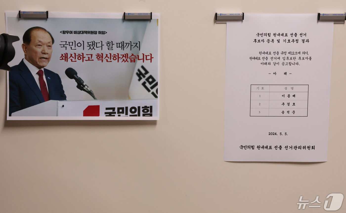 본문 이미지 - 6일 서울 여의도 국회에 국민의힘 원내대표 선출 선거 후보자 등록 및 기호추첨 결과 공고문이 붙어 있다. 2024.5.6/뉴스1 ⓒ News1 송원영 기자