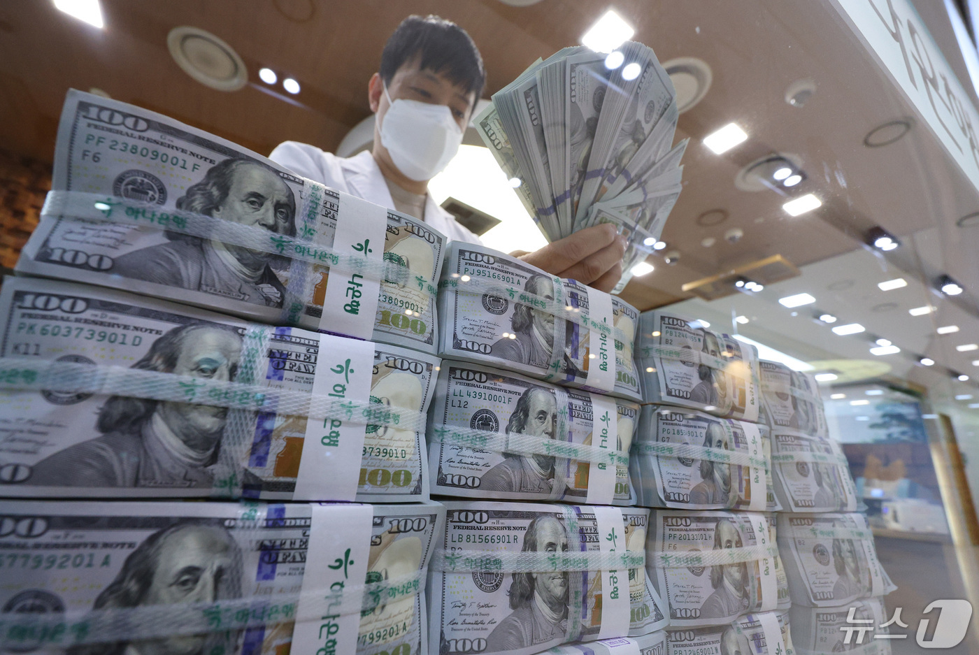 (서울=뉴스1) 신웅수 기자 = 7일 서울 중구 하나은행 위변조대응센터에서 직원이 달러를 정리하고 있다.원·달러 환율이 큰 폭 오른 지난달 우리나라 외환보유액이 60억 달러 가까이 …