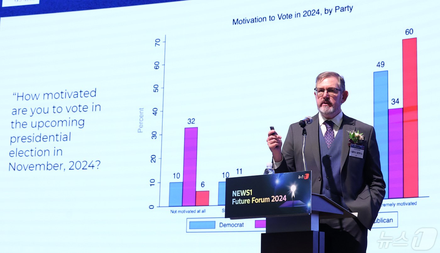 본문 이미지 - 니콜라스 발렌티노 미시간대 정치학과 교수가 8일 서울 중구 대한상공회의소 국제회의장에서 열린 '뉴스1 미래포럼 2024'에서 '미국 대선까지 남은 6개월, 정치 지형과 판세'라는 주제로 기조연설을 하고 있다. 이번 포럼은 '미국 대선과 22대 국회: 길을 묻다'를 주제로 뉴스1과 국회미래연구원이 공동 주최했다. 2024.5.8/뉴스1 ⓒ News1 김성진 기자