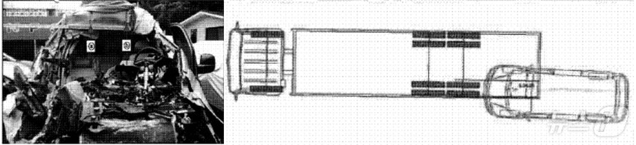 본문 이미지 - 화물차를 추돌한 남편 A 씨의 승합차는 처참하게 망가졌다. 오른쪽은 사고 당시 순간을 그린 모습. (경찰 제공)  ⓒ 뉴스1