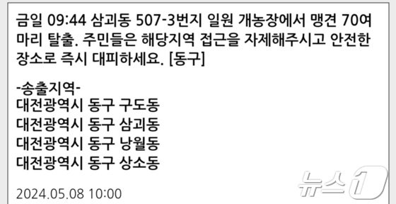 본문 이미지 - 8일 오전 10시께 대전 동구의 한 개농장에서 맹견 70마리가 탈출했다는 재난문자가 발송됐으나 사실이 아닌 것으로 확인됐다. /뉴스1