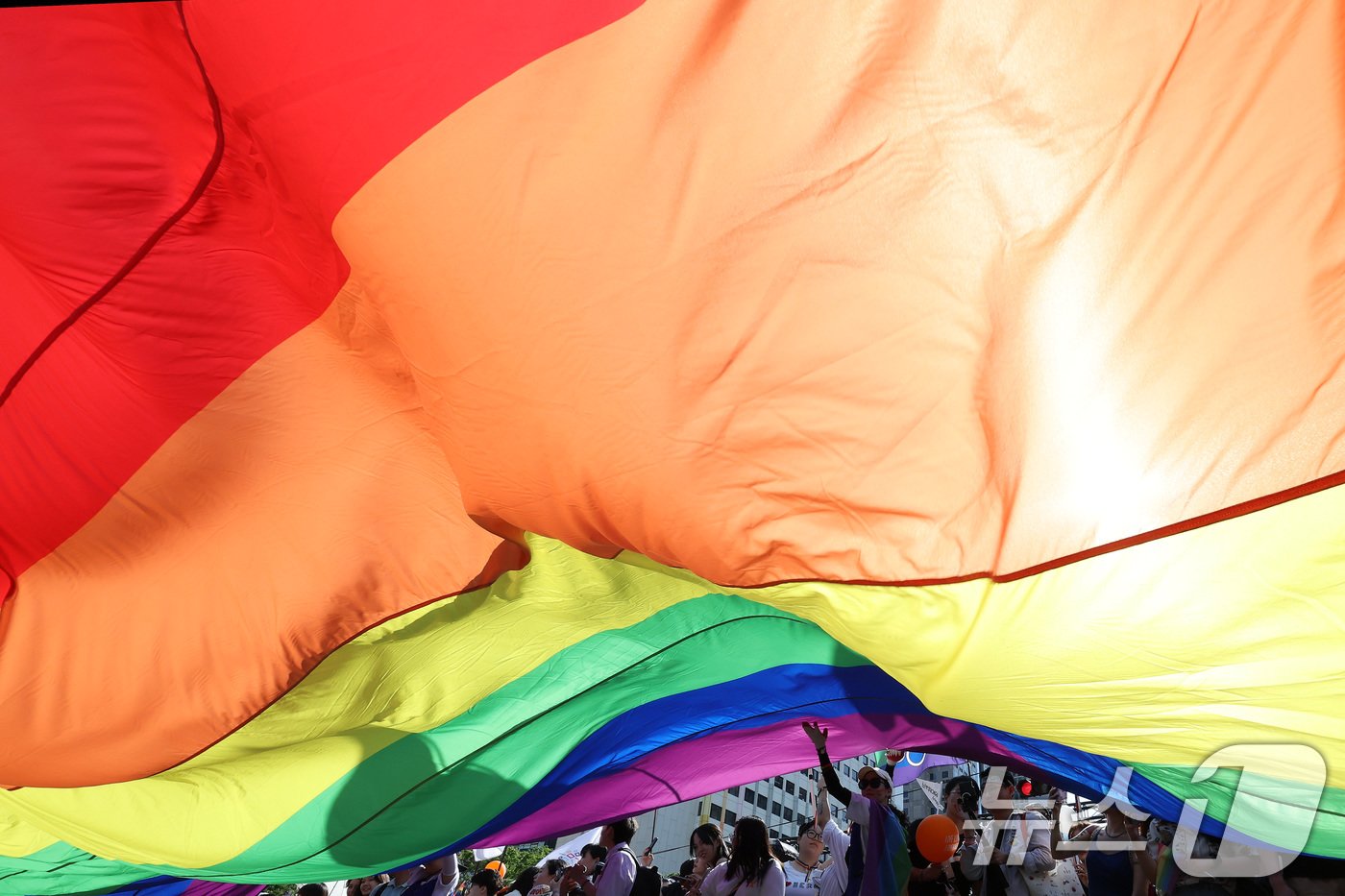 본문 이미지 - 1일 오후 서울 종각역 일대에서 열린 '2024 서울퀴어문화축제'를 찾은 시민들이 무지개 깃발이 펼쳐지자 환호하고 있다. 2024.6.1/뉴스1 ⓒ News1 이동해 기자