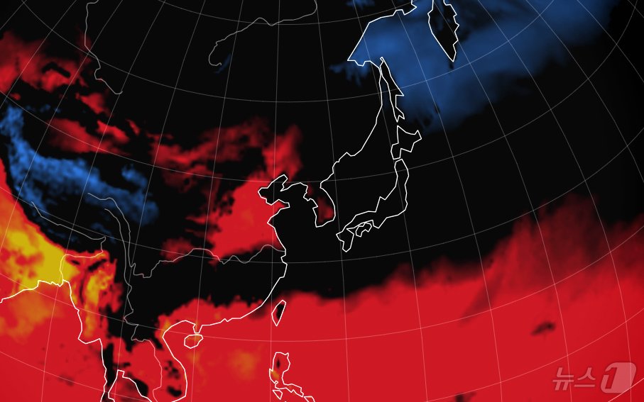 . 사진은 세계 기상 정보 비주얼 맵인 어스윈드맵으로 확인한 1-일 오후 한반도 주변이 기온과 불쾌지수로 붉게 표시되고 있다. &#40;어스윈드맵 캡처&#41;2024.6.10/뉴스1