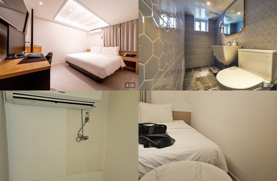 본문 이미지 - 숙박앱에 올라온 사진(위), 교체한 방 사진. (온라인 커뮤니티)