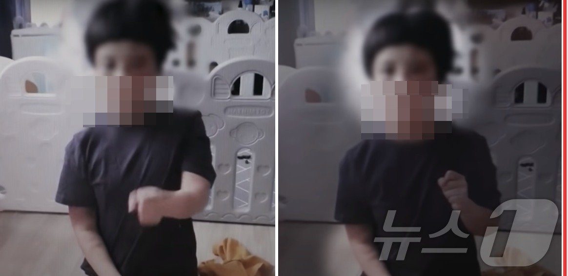 본문 이미지 -  이모에 맞아 갈비뼈가 골절된 조카는 사망 전날 올라가지 않는 왼손을 들려고 애를 쓰고 있다. (MBC 갈무리) ⓒ 뉴스1 