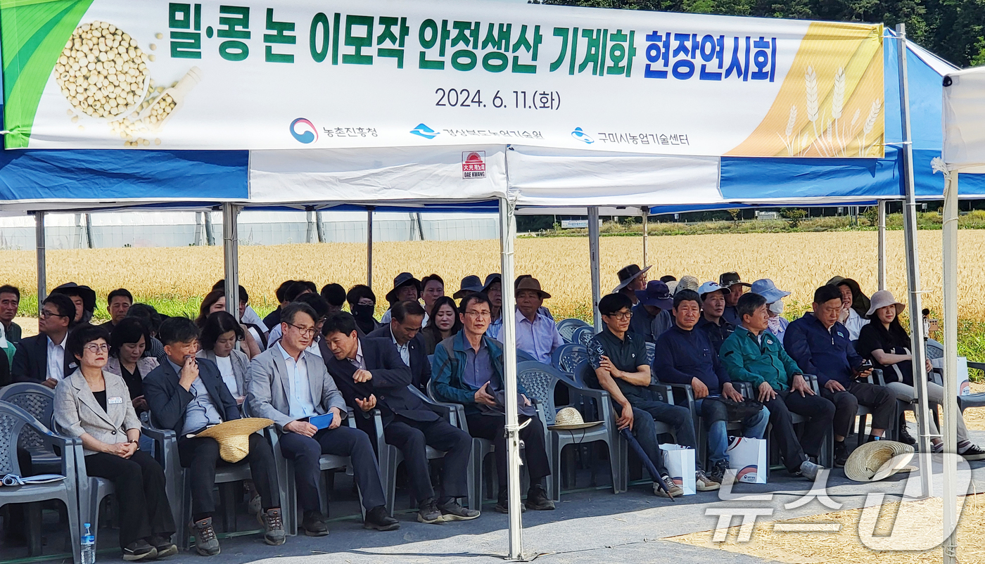 (서울=뉴스1) = 11일 경북 구미시 옥성면에서 열린 '밀 콩 논 이모작 안정생산 기계화 현장 연시회'에서 서효원 농촌진흥청 차장(왼쪽 세 번째) 등 참석자들이 설명을 듣고 있다 …