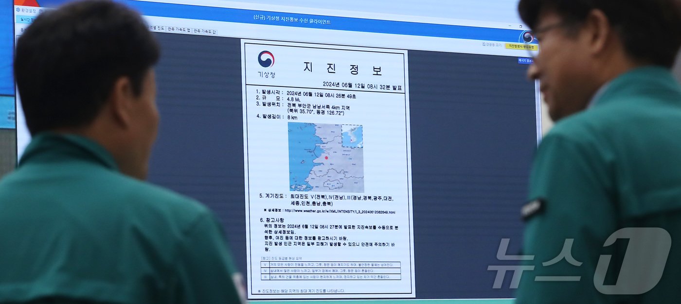 12일 전북 부안에서 발생한 규모 4.8의 지진과 관련 세종시 정부세종청사 상황실에서 열린 긴급 중앙재난안전대책본부 회의에서 관계자들이 피해지역 파악 및 대처상황등을 논의하고 있다. .2024.6.12/뉴스1 ⓒ News1 김기남 기자