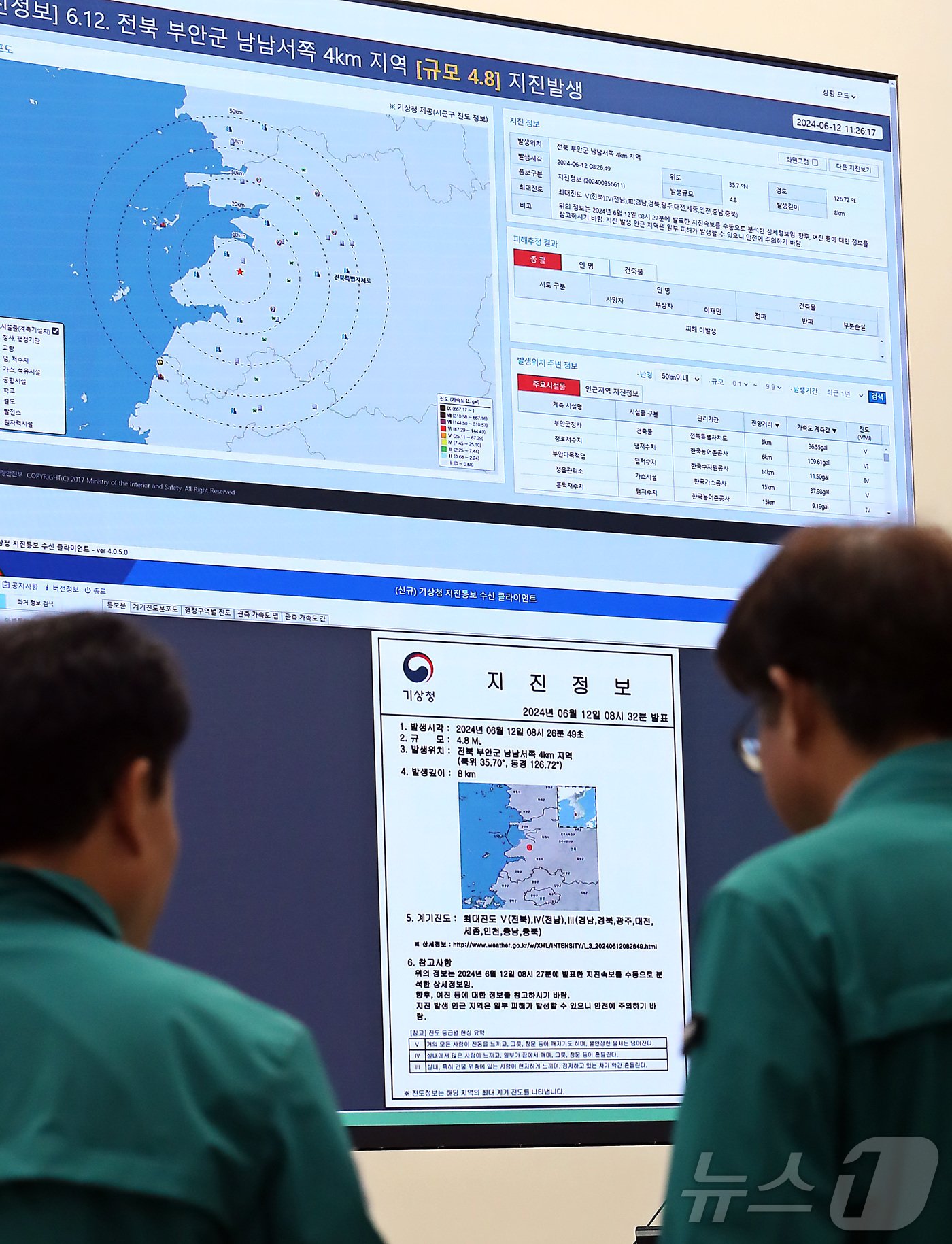 본문 이미지 - 12일 전북 부안에서 발생한 규모 4.8의 지진과 관련 세종시 정부세종청사 상황실에서 열린 긴급 중앙재난안전대책본부 회의에서 관계자들이 피해지역 파악 및 대처상황등을 논의하고 있다. .2024.6.12/뉴스1 ⓒ News1 김기남 기자