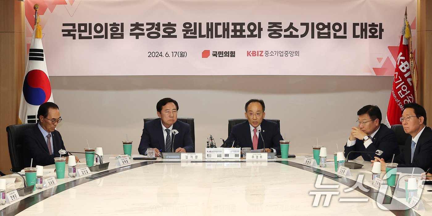 본문 이미지 - 추경호 국민의힘 원내대표가 17일 오후 서울 영등포구 여의도 중소기업중앙회에서 열린 정책간담회에 참석해 발언하고 있다. 2024.6.17/뉴스1 ⓒ News1 김진환 기자