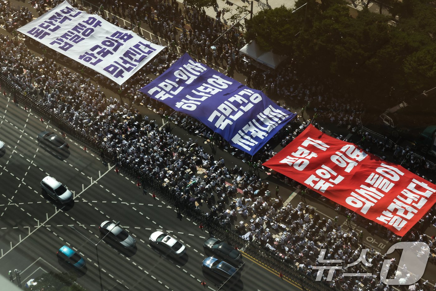 본문 이미지 - 18일 오후 서울 영등포구 여의대로에서 '의료농단 저지 전국 의사 총궐기 대회'가 열리고 있다. (공동취재) 2024.6.18/뉴스1 ⓒ News1 김진환 기자