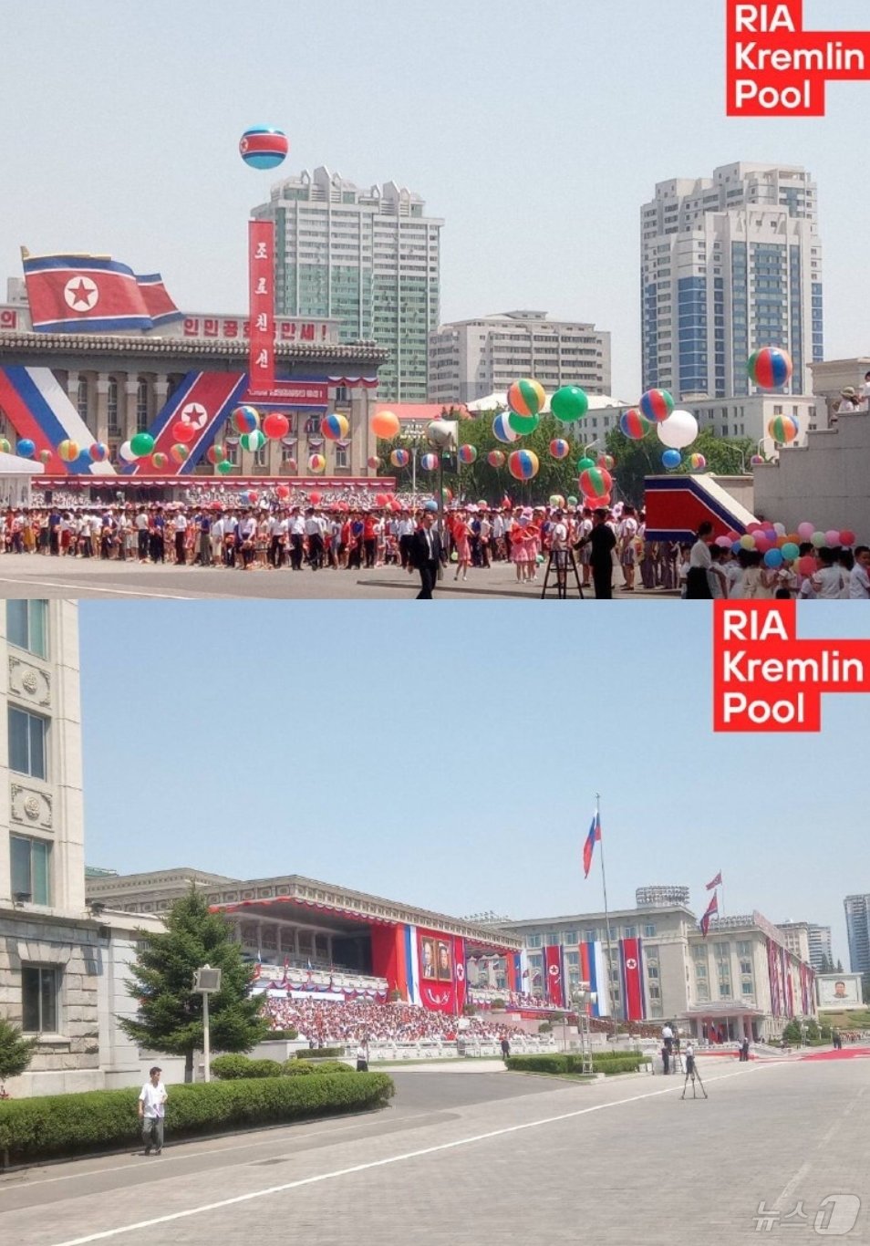 본문 이미지 - 북한 평양 김일성 광장이 블라디미르 푸틴 러시아 대통령의 환영식을 위해 꾸며진 모습.(리아노보스티통신 텔레그램 갈무리).