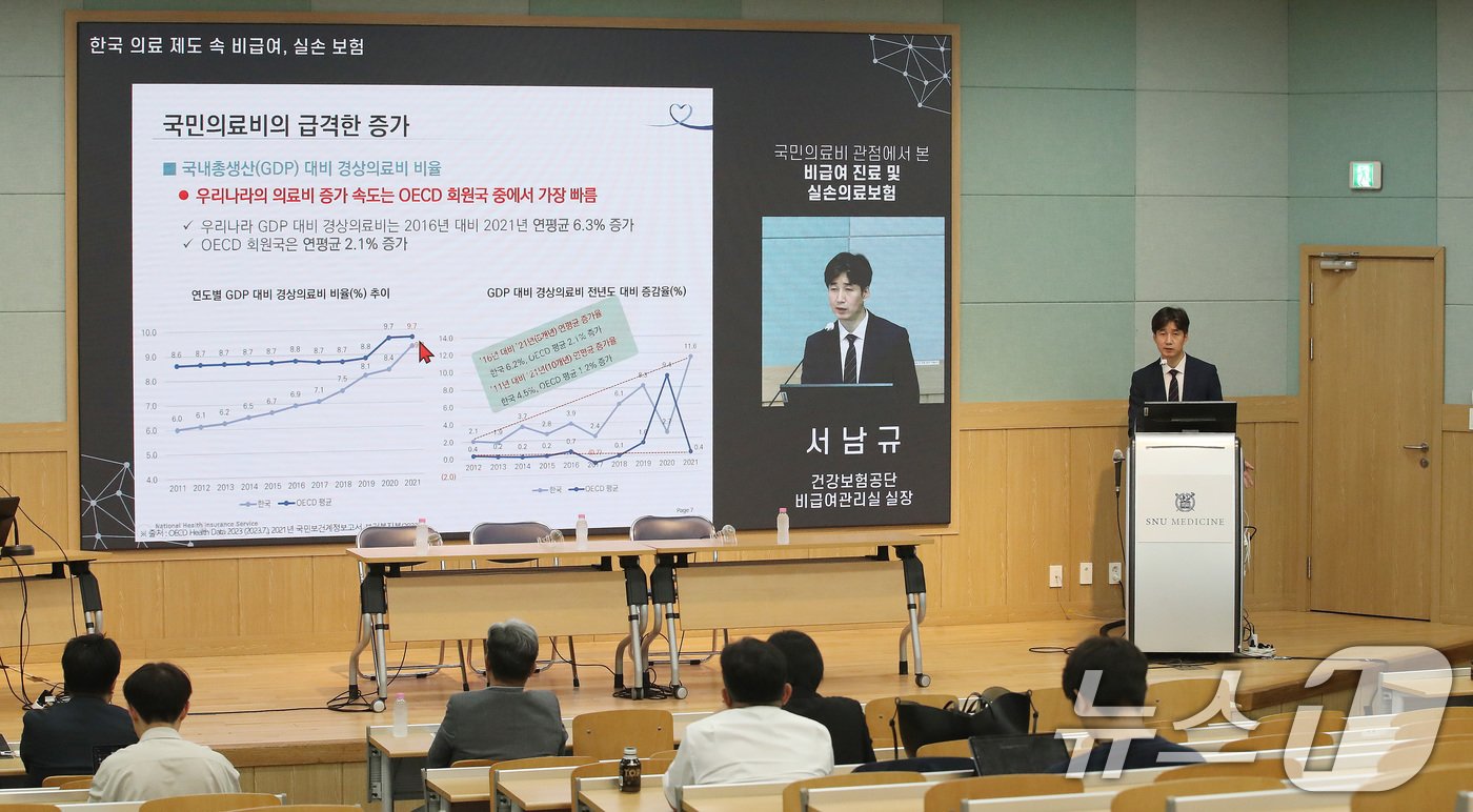 본문 이미지 - 서남규 건강보험공단 비급여관리실 실장이 19일 오후 서울 종로구 서울대학교 의학대학 융합관 박희택홀에서 서울대의대-서울대병원 교수협의회 비상대책위원회 주최로 열린 '한국 의료제도 속 비급여 실손보험' 심포지엄에서 강연을 하고 있다. 2024.6.19/뉴스1 ⓒ News1 임세영 기자