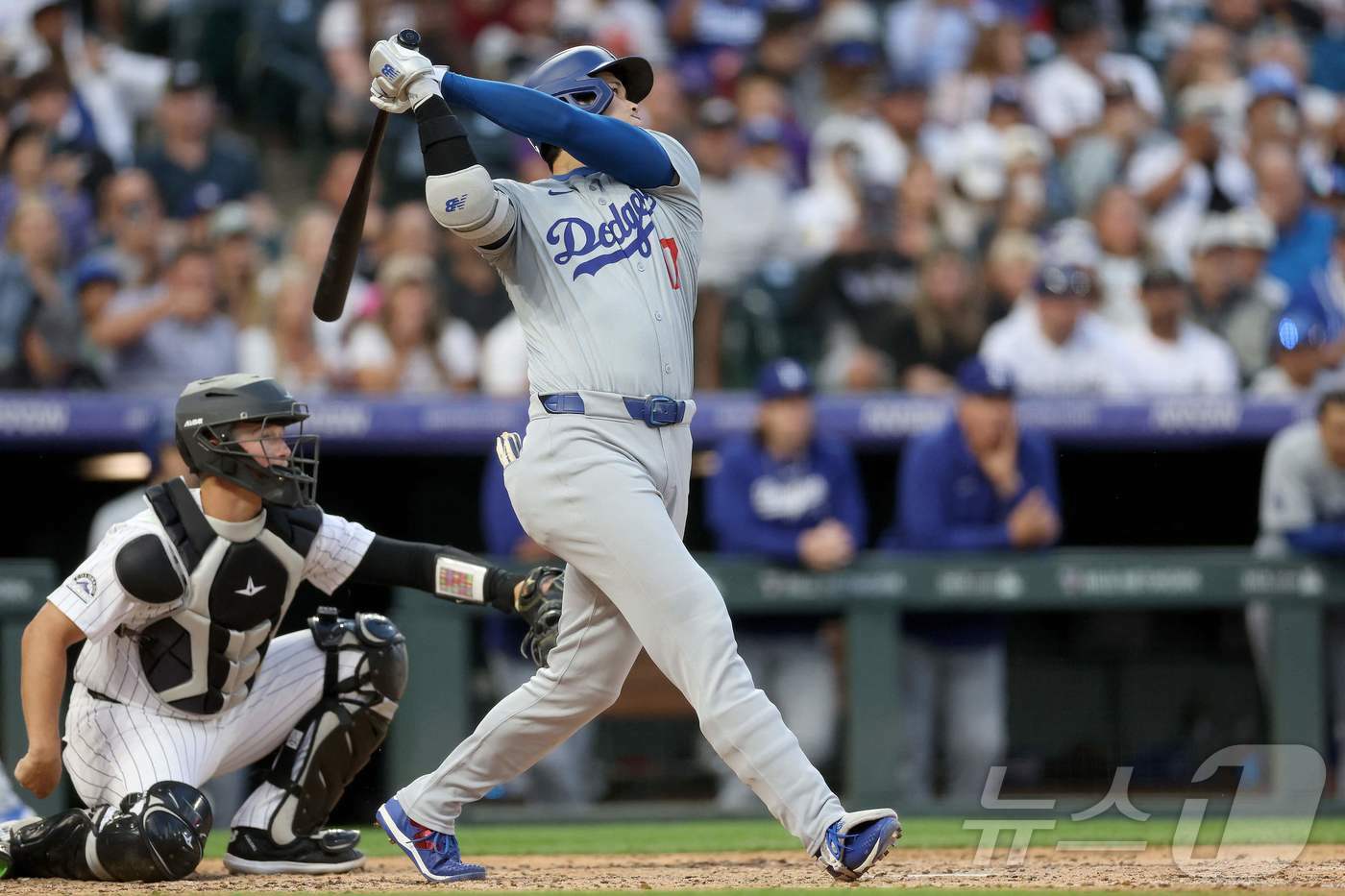 본문 이미지 - LA 다저스의 오타니 쇼헤이가 18일 덴버시 쿠어스 필드에서 벌어진 콜로라도 로키스와의 경기 6회에서 시원한 홈런을 뽑아내고 있다. 2024.06.19 ⓒ AFP=뉴스1 ⓒ News1 김예슬기자