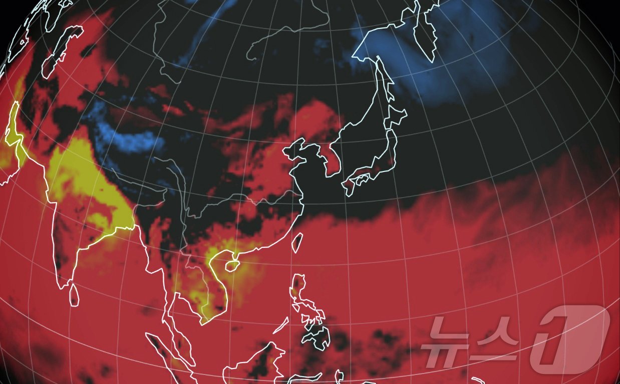본문 이미지 - 사진은 세계 기상 정보 비주얼 맵인 어스윈드맵으로 확인한 이날 오후 14시 한반도 주변이 기온과 불쾌지수로 붉게 표시되고 있다. (어스윈드맵 캡처)2024.6.19/뉴스1