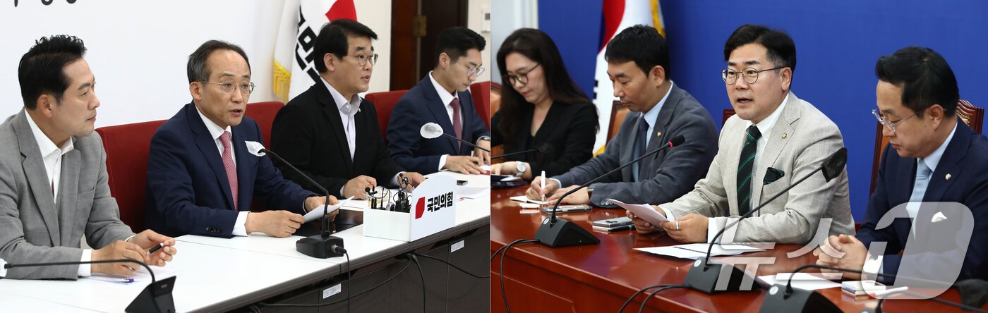 본문 이미지 - 추경호 국민의힘 원내대표&#40;왼쪽&#41;와 박찬대 더불어민주당 원내대표가 2일 서울 여의도 국회에서 각각 기자간담회를 열고 22대 국회 원구성 협상과 관련해 발언하고 있다. 2024..6.2/뉴스1 ⓒ News1 이광호 기자