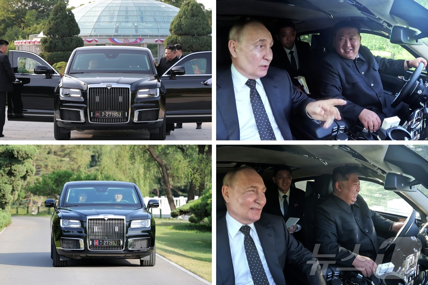 본문 이미지 - (평양 노동신문=뉴스1) = 지난해 6월 푸틴 러시아 대통령이 김 총비서와 평양에서 만나 자신이 선물한 '아우루스' 차량에 동승한 모습. 당시 차량 번호는 '7·27 1953'이었다. [국내에서만 사용가능. 재배포 금지. DB 금지. For Use Only in the Republic of Korea. Redistribution Prohibited] rodongphoto@news1.kr