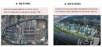 본문 이미지 - 원촌첨단바이오메디컬 혁신지구 착공 전 모습과 준공 후 조감도.&#40;대전시 제공&#41;/뉴스1
