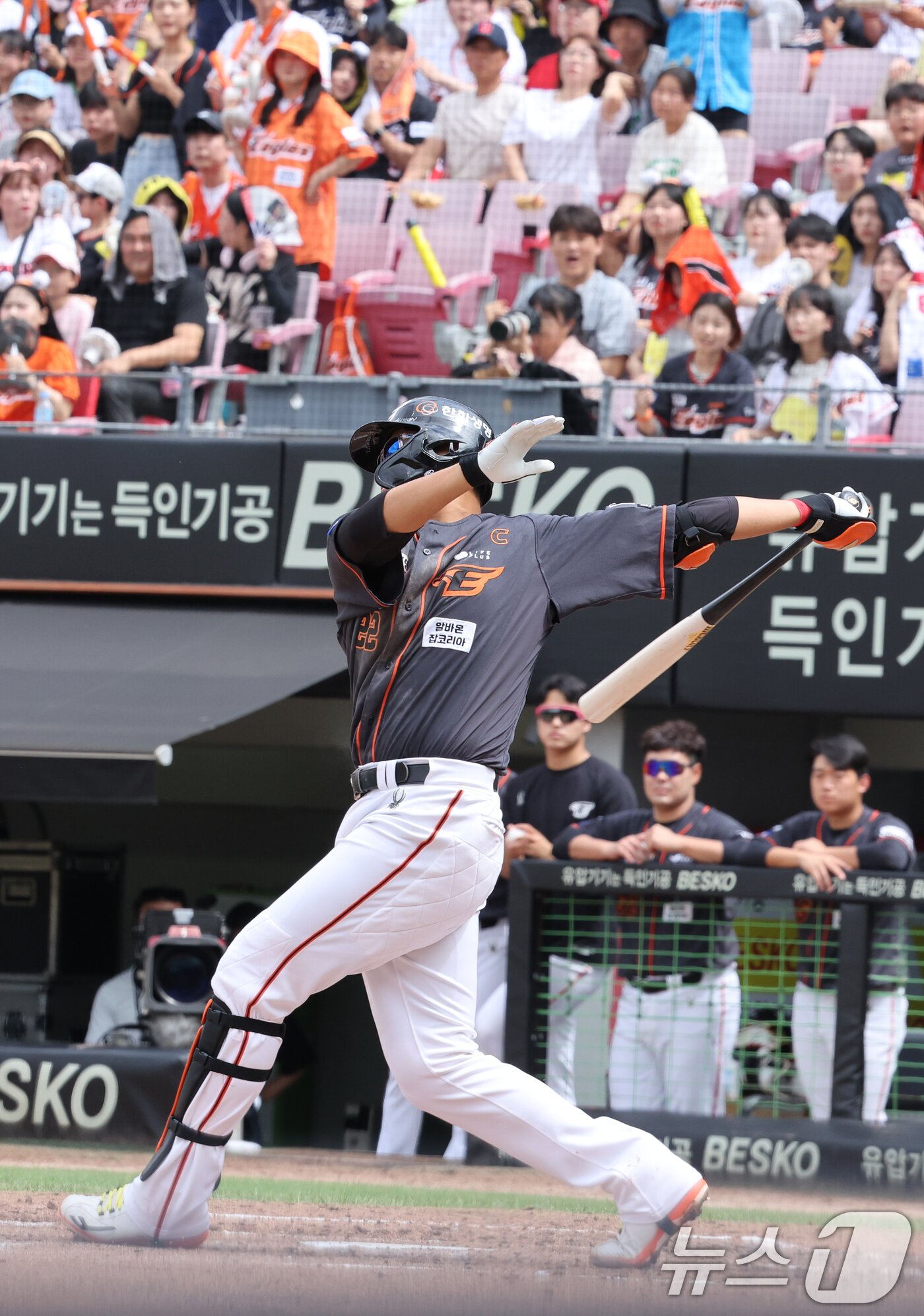 본문 이미지 - 23일 오후 광주 기아챔피언스필드에서 열린 '2024 신한 SOL 뱅크 KBO리그' 한화 이글스와 KIA타이거즈 경기에서 3회초 한화공격 1사 1,2루 상황 채은성이 스리런 홈런을 날리고 있다. 2024.6.23/뉴스1 ⓒ News1 김태성 기자