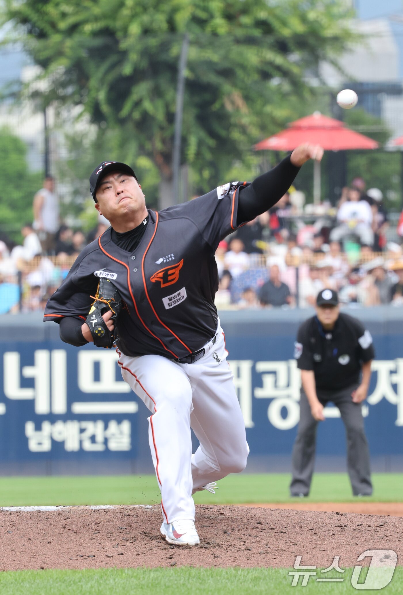본문 이미지 - 한화 선발 류현진이 23일 오후 광주 기아챔피언스필드에서 열린 '2024 신한 SOL 뱅크 KBO리그' 한화 이글스와 KIA타이거즈 경기에서 역투하고 있다. 2024.6.23/뉴스1 ⓒ News1 김태성 기자