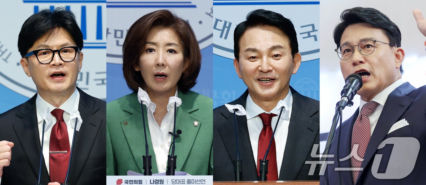 본문 이미지 - 국민의힘 당대표 선거에 출사표를 던진 한동훈 전 국민의힘 비상대책위원회 위원장(왼쪽부터), 나경원 의원, 원희룡 전 국토교통부 장관이 23일 오후 서울 여의도 국회 소통관에서 출마 선언을 하고 있다. 오른쪽 첫번째는 윤상현 의원이 지난 21일 인천 미추홀구 용현시장에서 출마 선언하는 모습. 2024.6.23/뉴스1 ⓒ News1 안은나 기자,민경석 기자