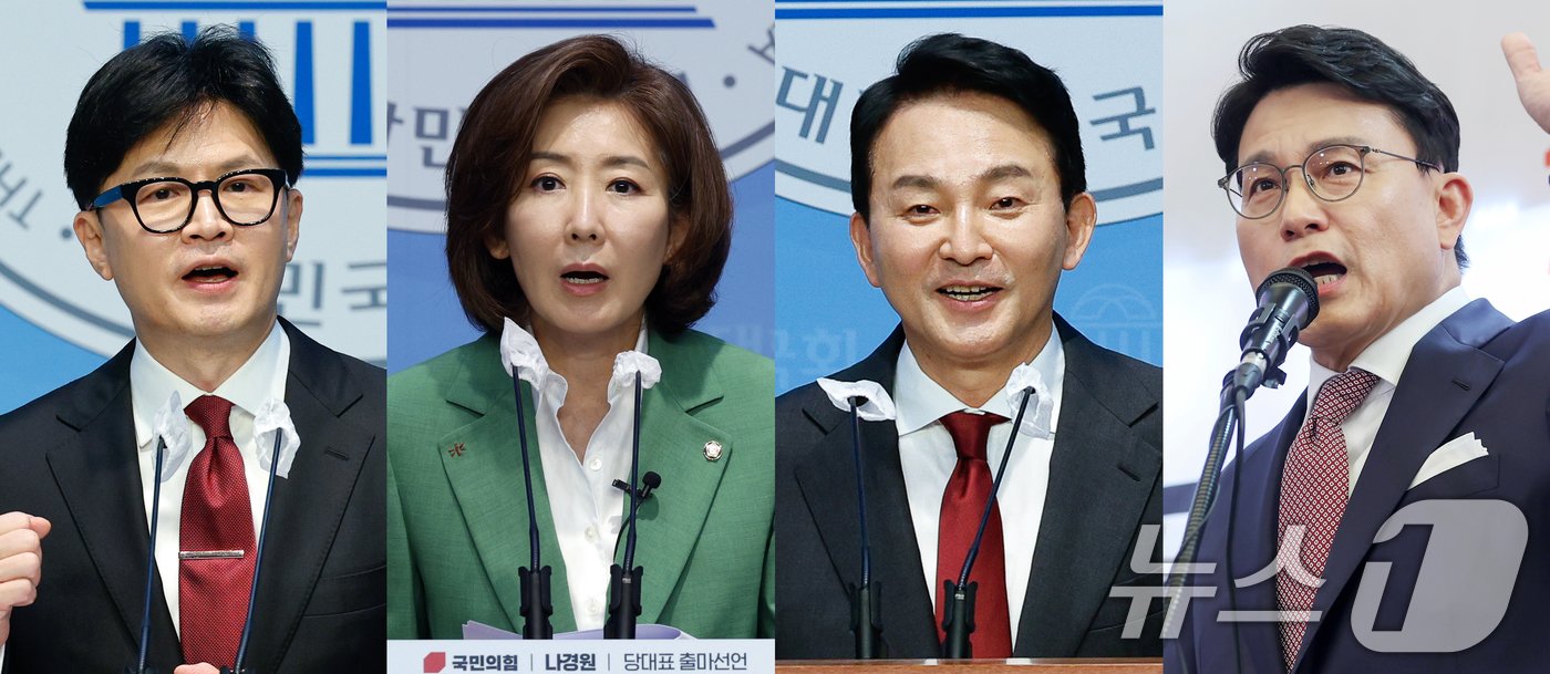 국민의힘 당대표 선거에 출사표를 던진 한동훈 전 국민의힘 비상대책위원회 위원장&#40;왼쪽부터&#41;, 나경원 의원, 원희룡 전 국토교통부 장관이 23일 오후 서울 여의도 국회 소통관에서 출마 선언을 하고 있다. 오른쪽 첫번째는 윤상현 의원이 지난 21일 인천 미추홀구 용현시장에서 출마 선언하는 모습. 2024.6.23/뉴스1 ⓒ News1 안은나 기자,민경석 기자