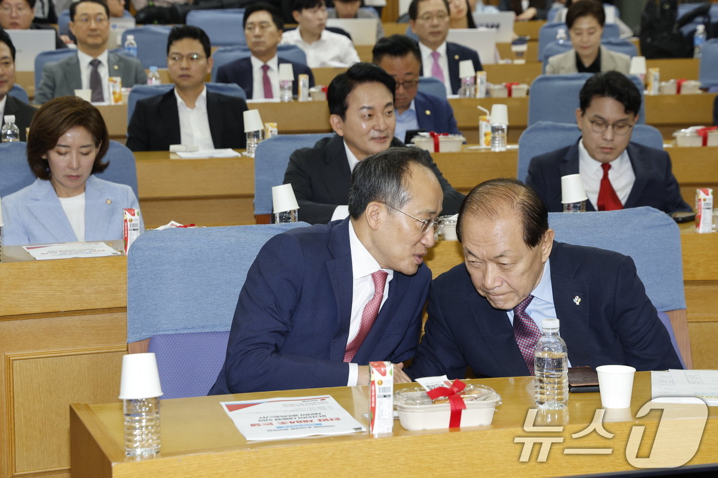 국민의힘 황우여 비상대책위원회 위원장과 추경호 원내대표가 24일 오전 서울 여의도 국회의원회관에서 열린 국민의힘 초선의원 첫번째 공부모임 ‘헌법 제84조 논쟁, 피고인이 대통령 되면 재판이 중단되는가?’에서 대화를 나누고 있다. 2024.6.24/뉴스1 ⓒ News1 안은나 기자