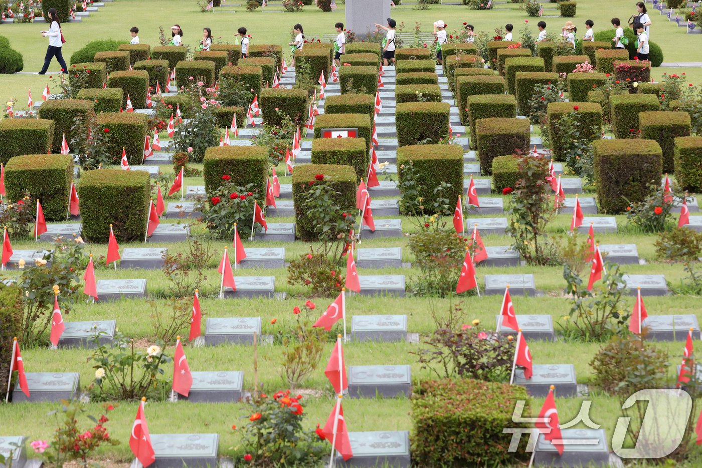 본문 이미지 - 지난달 25일 6.25전쟁 제74주년을 맞아 부산 남구 유엔기념공원을 찾은 어린이들 유엔군 전몰장병 묘역을 둘러보고 있다. 2024.6.25/뉴스1 ⓒ News1 윤일지 기자