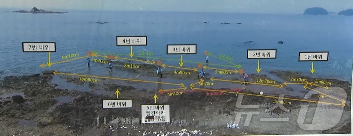본문 이미지 -  보령해양경찰서가 익사로 위장한 살인 사건임을 밝혀낸 모의실험 모습. 사건 당시 같은 조류대에 맞춰 실험한 결과 피해자가 익사했다면 도저히 사고장소(왼쪽 아래 6번)로 올 수 없다는 점이 밝혀졌다. (사진=보령해양경찰서) ⓒ 뉴스1