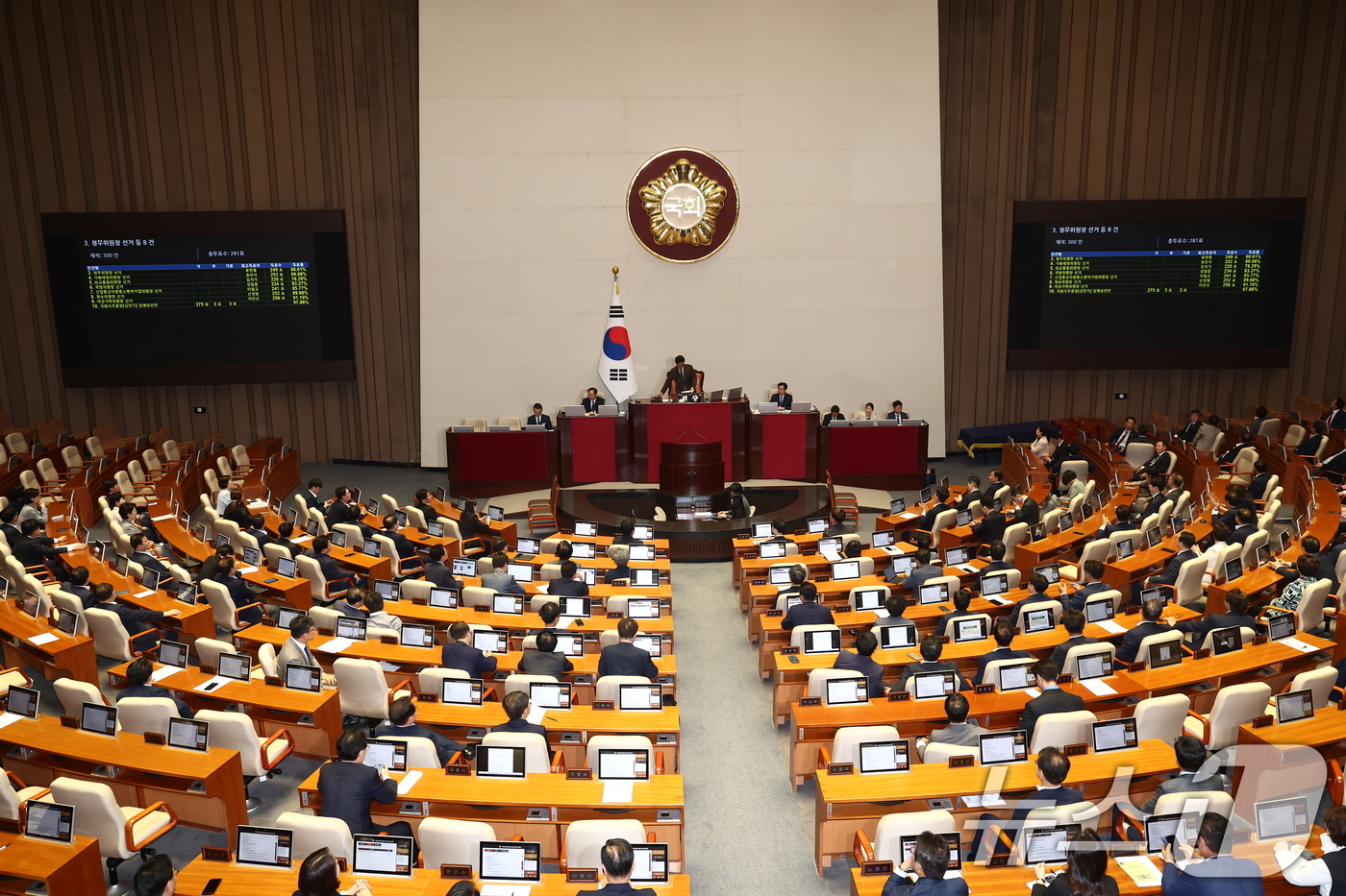 (서울=뉴스1) 김민지 기자 = 우원식 국회의장이 27일 오후 서울 여의도 국회에서 열린 제415회 국회(임시회) 제3차 본회의에서 상임위원장 선출 표결 결과를 발표하고 있다. 2 …