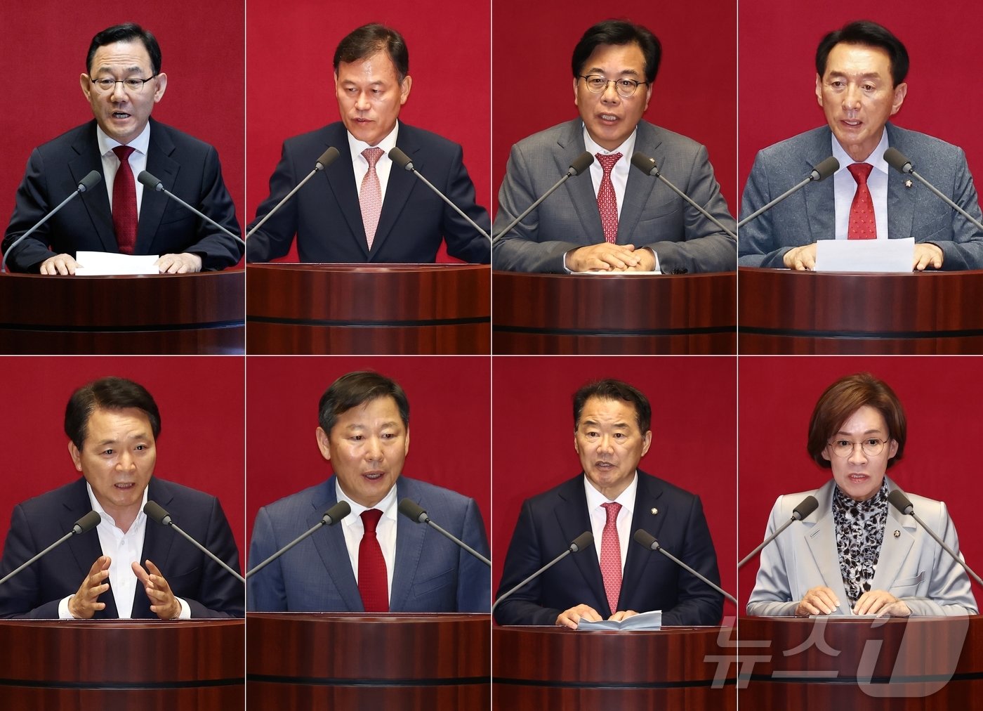 본문 이미지 - 27일 오후 서울 여의도 국회에서 열린 제415회 국회(임시회) 제3차 본회의에서 주호영 여당 국회부의장을 비롯한 7개 상임위원장 당선자들이 소감을 밝히고 있다. 왼쪽 위부터 시계방향으로 주호영 여당 국회부의장, 윤한홍 정무위원장, 송언석 기획재정위원장, 김석기 외교통일위원장, 이인선 여성가족위원장, 신성범 정보위원장, 이철규 산업통상자원중소벤처기업위원장, 성일종 국방위원장. 2024.6.27/뉴스1 ⓒ News1 김민지 기자