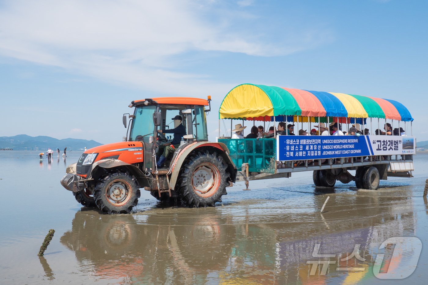 본문 이미지 - 드넓은 갯벌을 누비는 만돌갯벌체험학습장의 몬스터갯벌트럭&#40;한국관광공사 제공&#41;