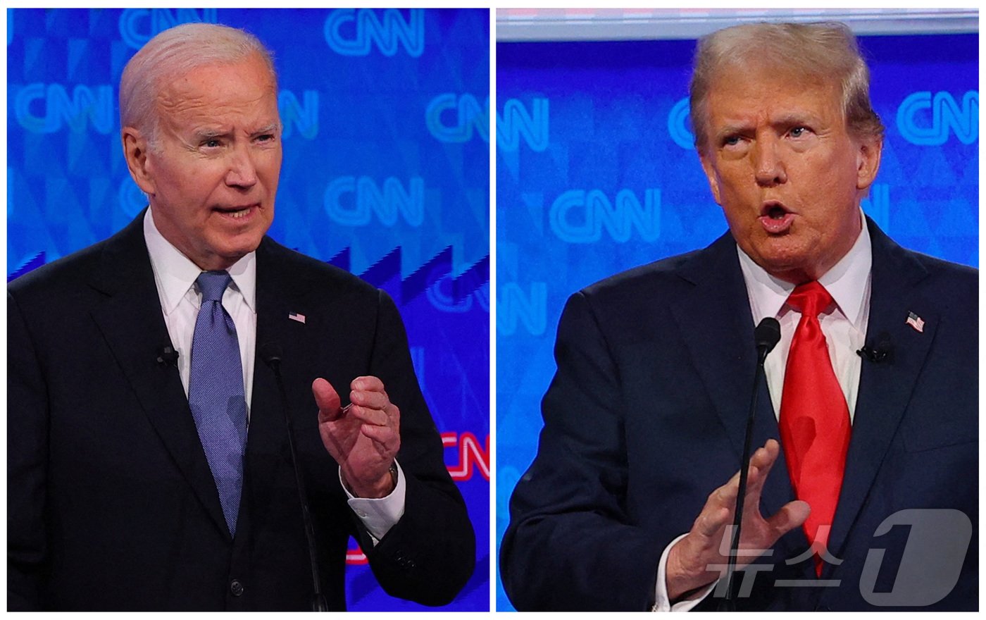 본문 이미지 - 지난달 27일(현지시간) 열린 미 대선 첫 TV토론에서 조 바이든 미국 대통령(사진 좌측)과 도널드 트럼프 전 미국 대통령이 설전을 벌이고 있다. 2024.06.27 ⓒ 로이터=뉴스1 ⓒ News1 임여익 기자