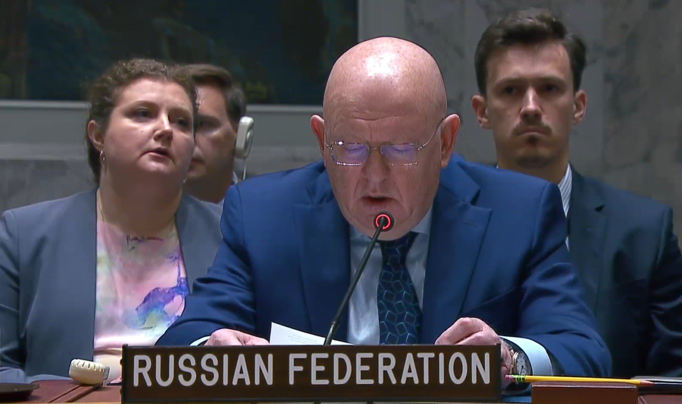 본문 이미지 - 바실리 네벤자 주유엔 러시아 대사가 28일(현지시간) '북한/비확산' 의제로 열린 유엔 안전보장이사회 브리핑 공식회의에서 발언을 하고 있다. 사진은 유엔웹TV 캡처.