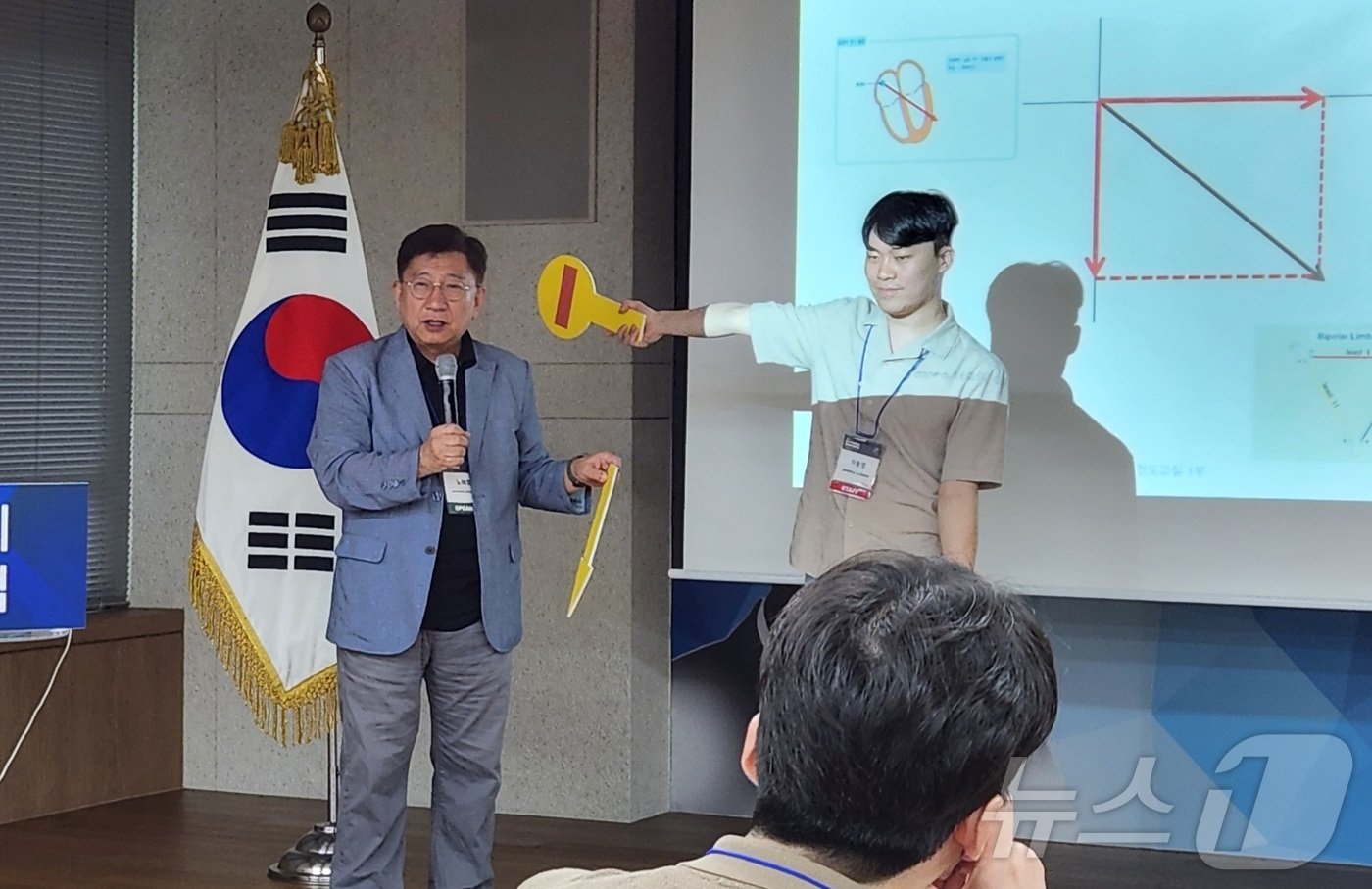 본문 이미지 - 노태호 가톨릭대 교수&#40;왼쪽&#41;가 30일 서울 유한양행 본사에서 열린 한국수의심장협회에서 강의하고 있다. ⓒ 뉴스1 한송아 기자