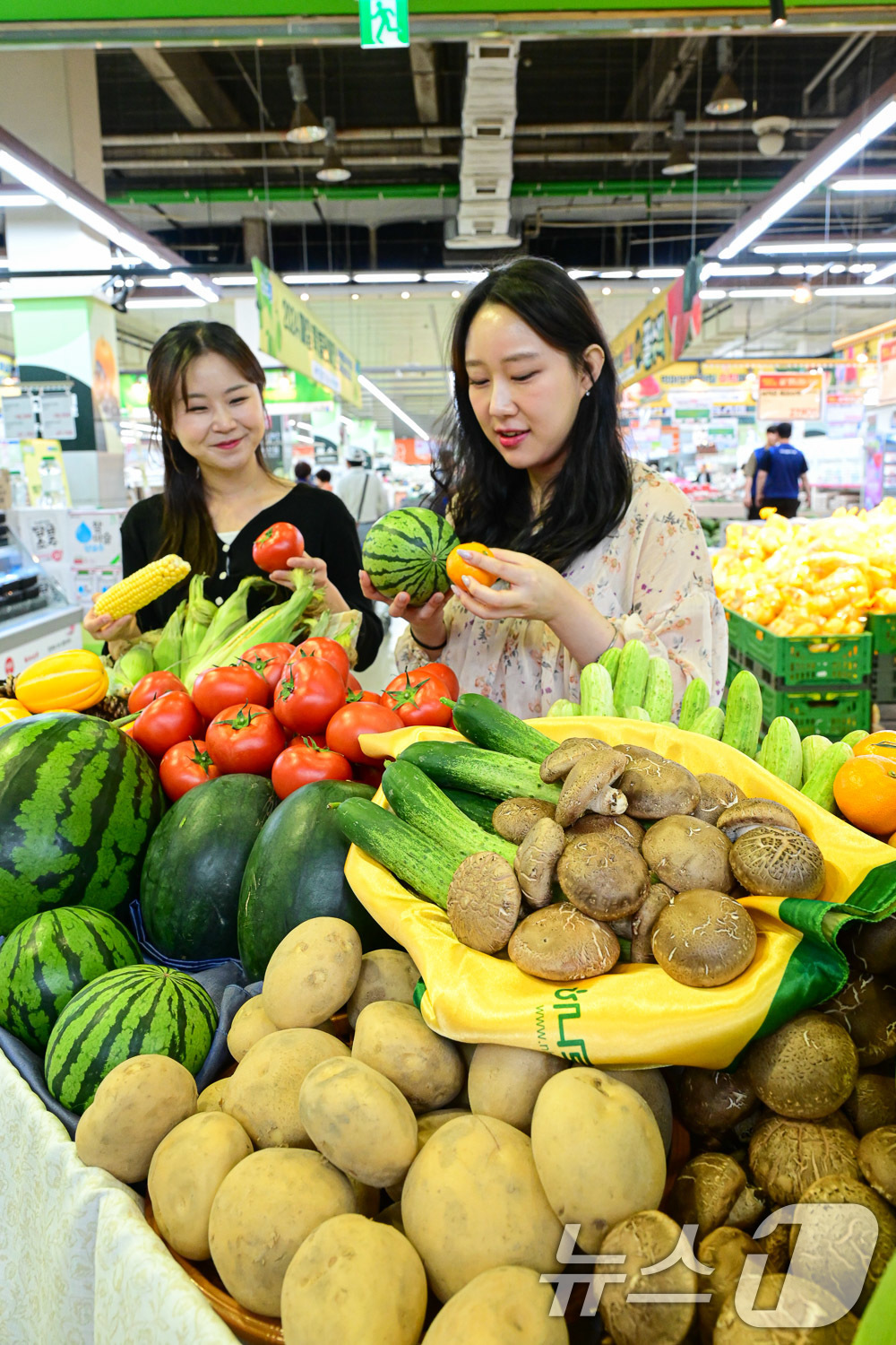 (서울=뉴스1) = 5일 서울 서초구 하나로마트 양재점 모델들이 '농식품 가격 안정 365!' 행사를 소개하고 있다.농협유통은 6월 6일부터 19일까지 농식품 가격 안정을 위해 농 …