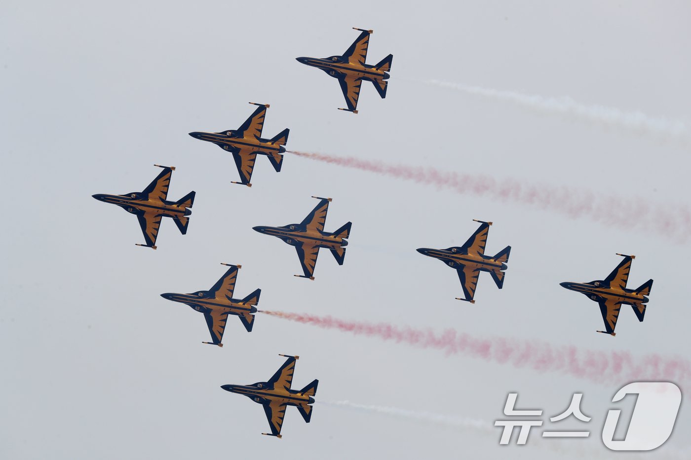 본문 이미지 - 5일 오전 경기 수원시 공군 제10전투비행단에서 열린 'F-4 팬텀 퇴역식 미디어데이'에서 공군 특수비행팀 블랙이글스가 수원기지 상공에서 축하 비행하고 있다. 2024.6.5/뉴스1 ⓒ News1 김영운 기자