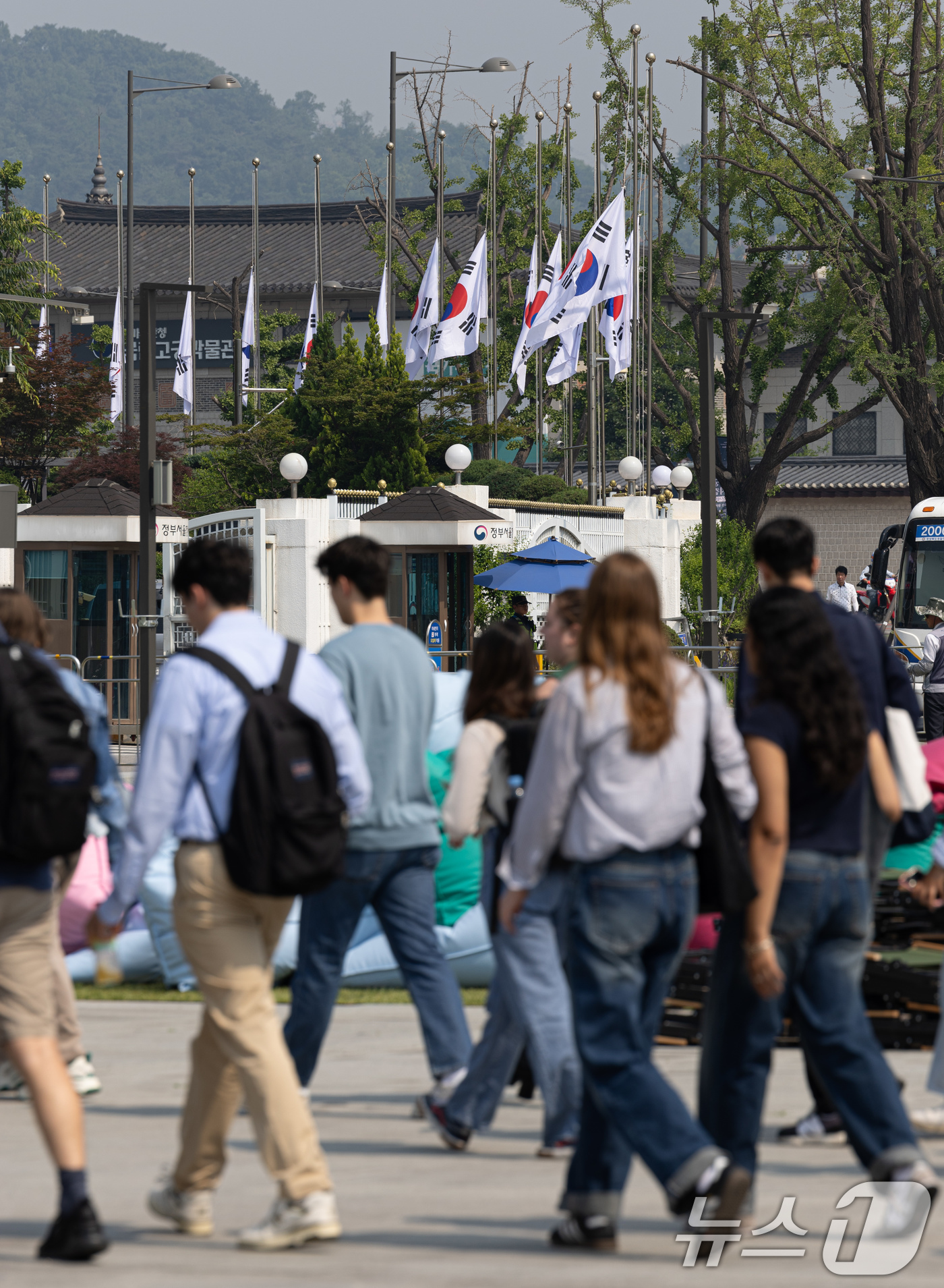 (서울=뉴스1) 이재명 기자 = 현충일인 6일 오전 서울 종로구 정부서울청사에 조기가 게양돼 있다. 2024.6.6/뉴스1
