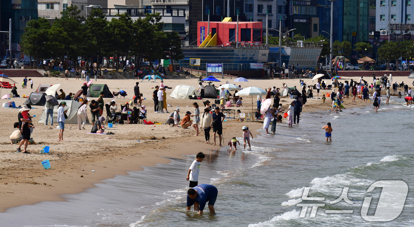 (포항=뉴스1) 최창호 기자 = 현충일인 6일 오후 경북 포항시 북구 영일대해수욕장에서 어린이들이 바닷물로 뛰어들어 즐거운 시간을 보내고 있다. 2024.6.6/뉴스1