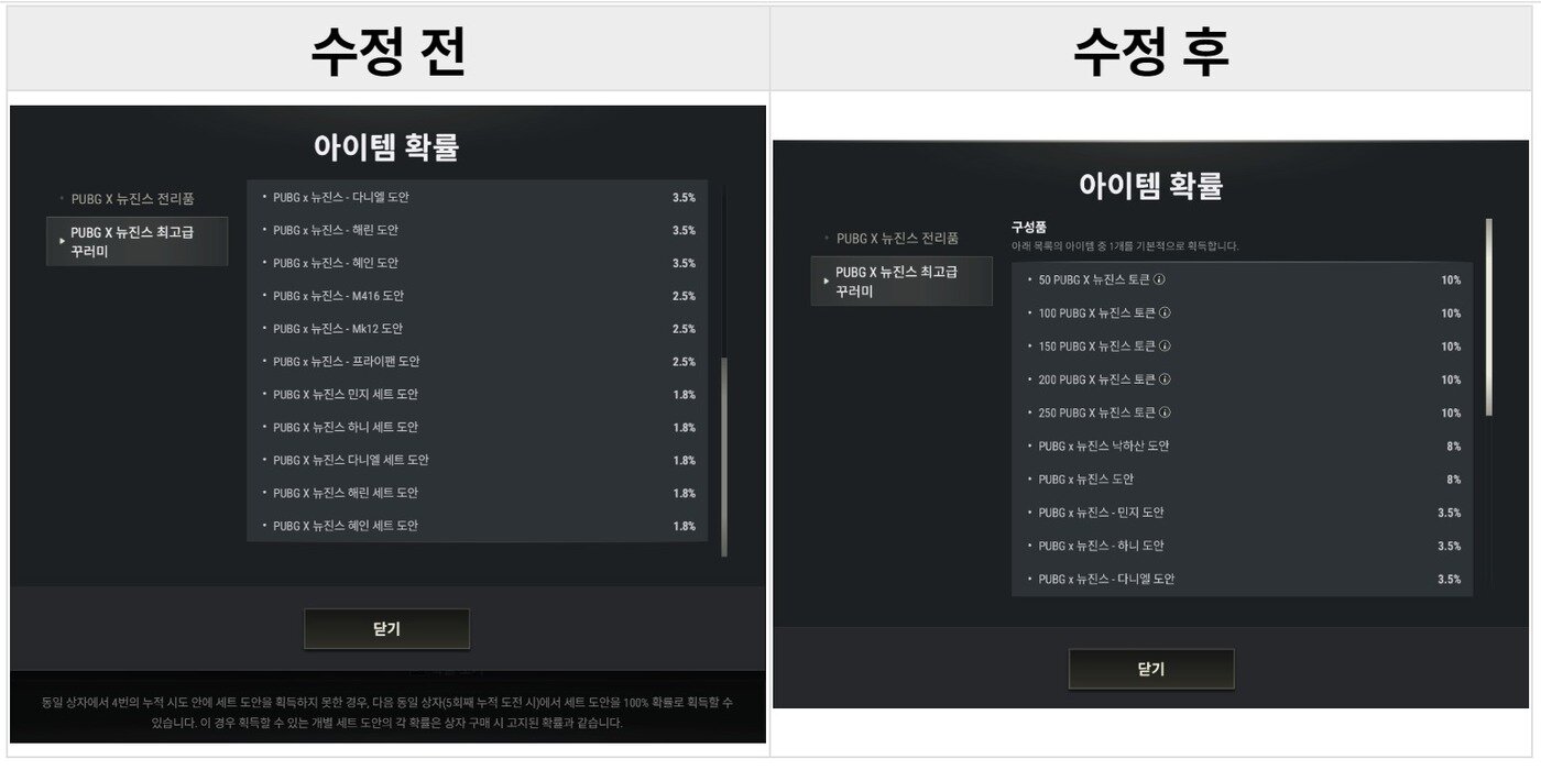 본문 이미지 - PUBG x 뉴진스 최고급 꾸러미 확률표기 문구 관련 조치사항.&#40;배틀그라운드 홈페이지 갈무리&#41;