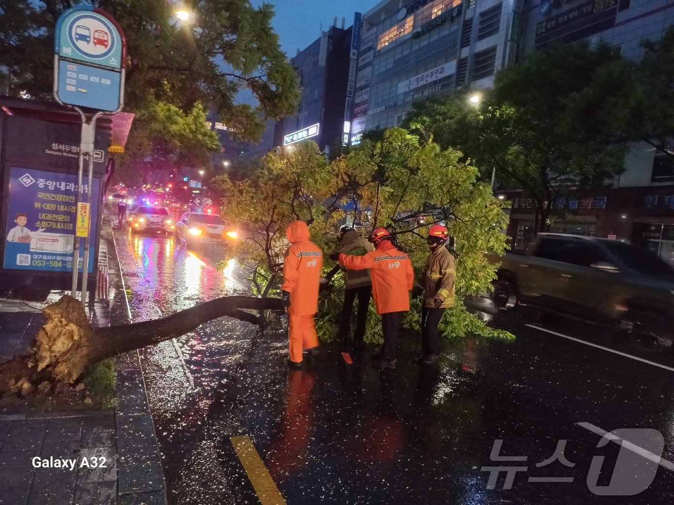 (대구=뉴스1) 남승렬 기자 = 10일 오전 5시 1분쯤 대구 달서구 계명대 동문 인근 버스정류장 앞에서 강풍을 동반한 국지성 호우로 가로수가 뿌리가 뽑힌 채 쓰러져 소방 당국이 …